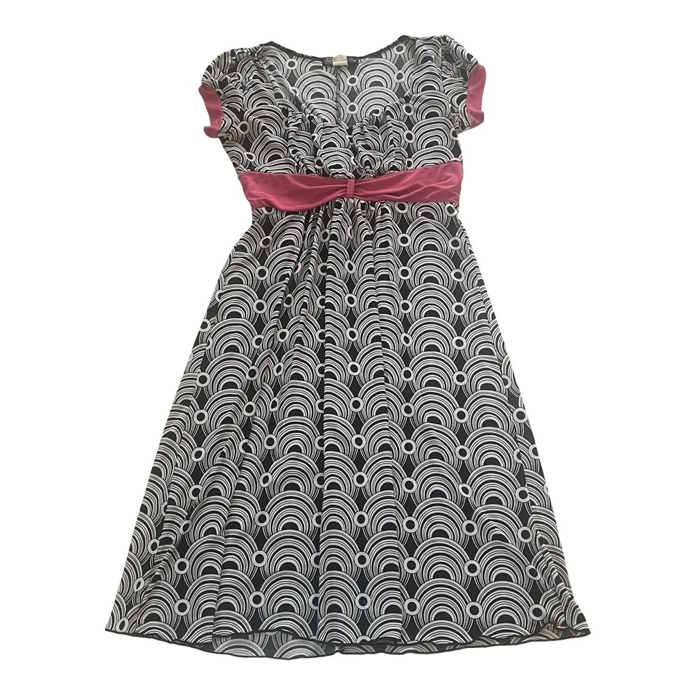 VTG Volume One Dresses Women' Size L Babydoll V-Neck Cap Sleeve Black White Pink